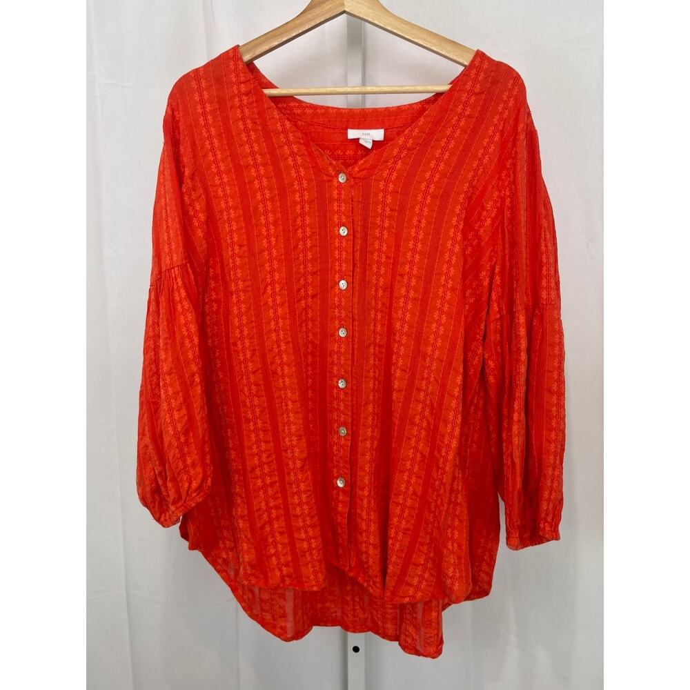 J. JILL Button Up Stitched Stripe Blouse Long Sleeve Top Cotton Rayon Orange XL